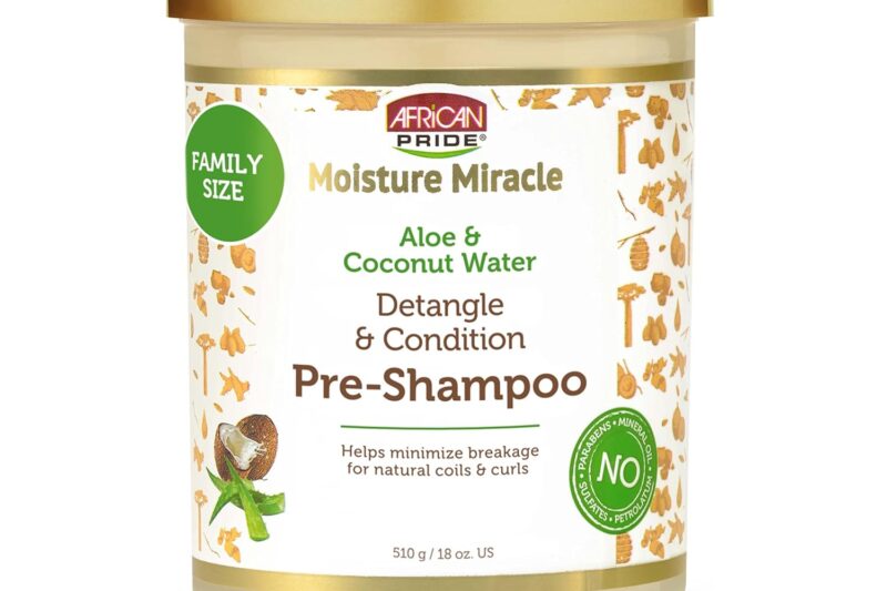 African Pride Moisture Miracle Aloe & Coconut Water Pre-Shampoo Detangler & Pre-conditioner – Helps Minimize Hair Breakage for Natural Coils & Curls, 18 oz.
