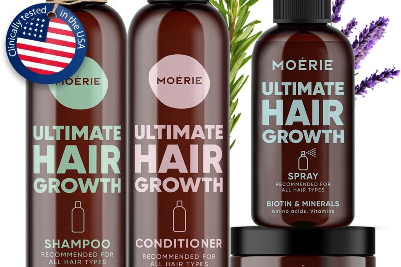 Moerie Shampoo and Conditioner Plus Hair Mask and Spray Mega Pack – The Ultimate Growth Care – For Longer, Thicker, Fuller Hair – Volumizing Products – Paraben & Silicone Free (Set of 4)